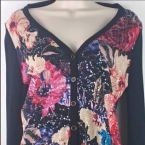 CHARTER CLUB Black Vibrant Floral Sequin Button Down Cardigan Sweater SZ M